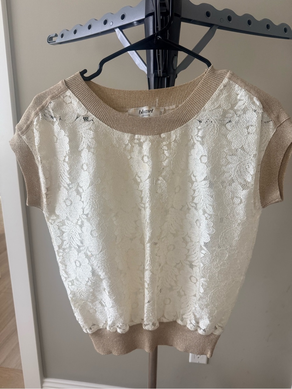 Blugirl Cream Lace  Knit Top with Tan Trim